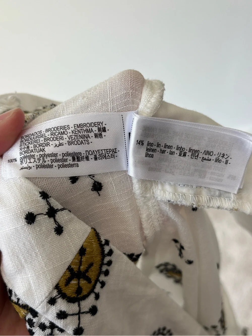 Zara White Embroidered Linen Blend Pant Yellow Black Pattern Beach Travel
